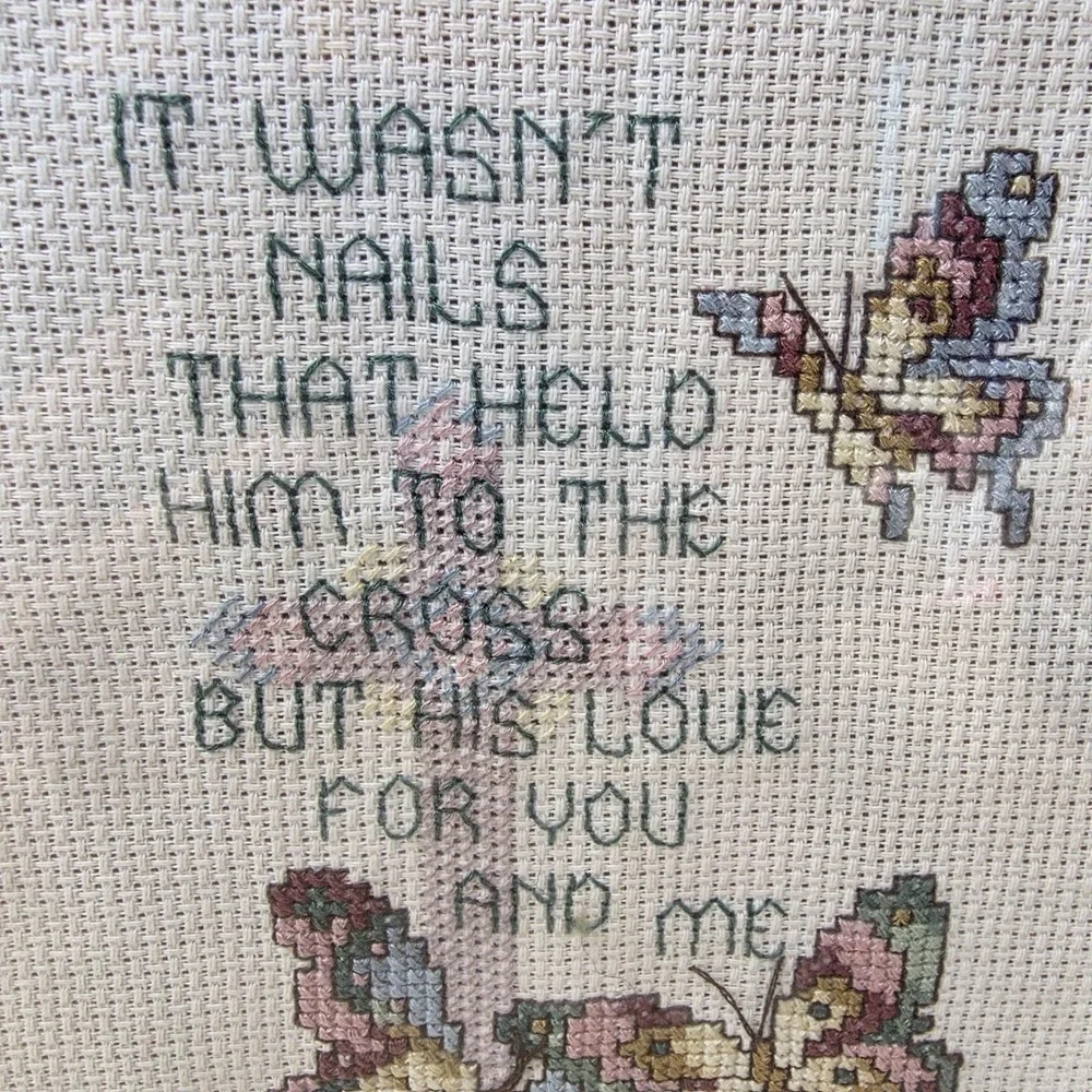 VTG Handmade Completed Framed Cross Stitch It Wasn't Nails Christian 2001Decor